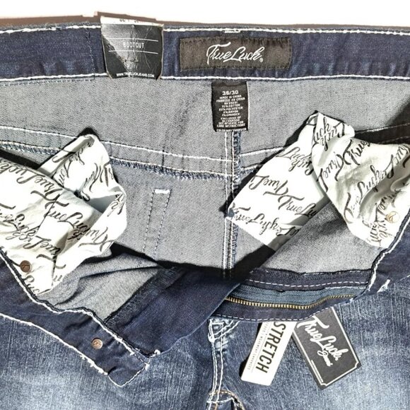 NEW True Luck Jeans Men's 36 X30 Bootcut Classic Stretch Thick Stitch Dark Blast - Picture 7 of 15